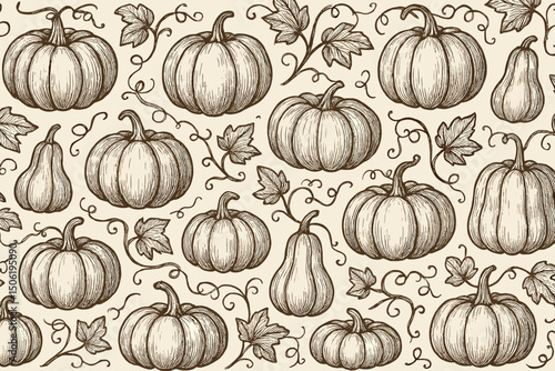 Botanical pattern featuring pumpkins and gourds in a vintage style woodcut design on a light background