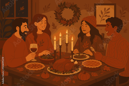 Gathering of friends at a cozy autumn dinner table with a turkey in a warmly lit room