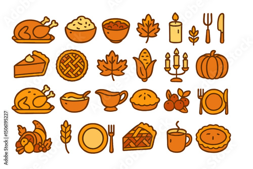 Festive autumn food illustrations featuring dinner elements and seasonal decorations for a Thanksgiving celebration in a cozy setting
