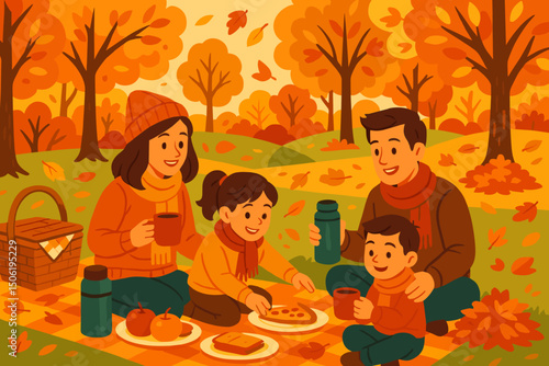 Family enjoys autumn picnic in colorful park with vibrant leaves during sunny afternoon