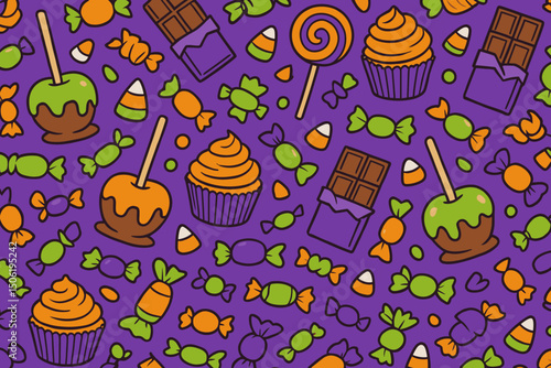 Colorful assortment of Halloween treats on purple background with candies, cupcakes, and chocolates