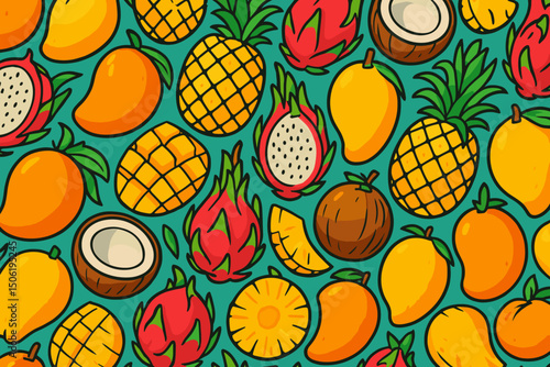 Colorful tropical fruits pattern on a vibrant background featuring pineapple, mango, and dragon fruit in various arrangements