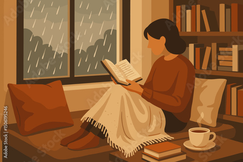 Cozy reading nook during rainy afternoon with warm drink and soft blanket