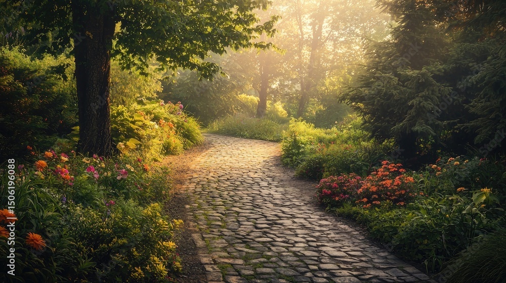 Fototapeta premium Cobblestone path winding through a vibrant garden at dawn.