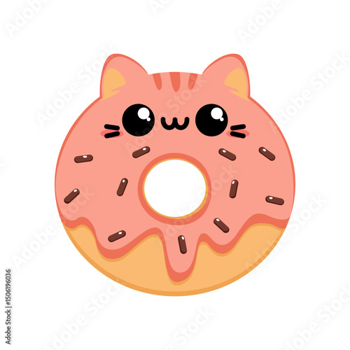 Słodki kawaii pączek w kształcie kota z różową polewą - urocza ilustracja wektorowa.