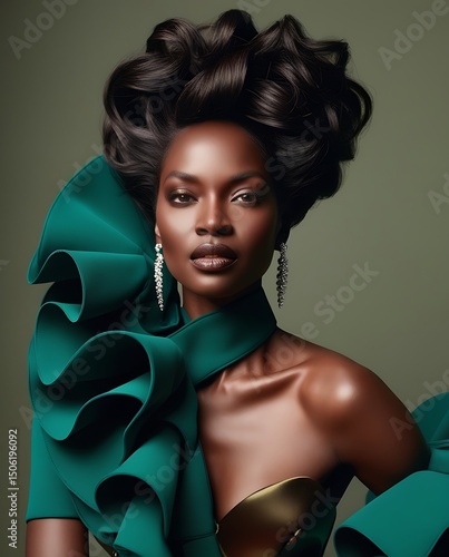 Wallpaper Mural Glamorous fashion portrait of an elegant black woman in a deep emerald green designer dress with sculptural ruffles, striking pose and voluminous hair against neutral backdrop

 Torontodigital.ca