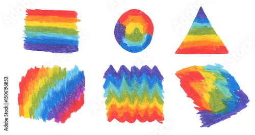Set of abstract oil pastel drawing vibrant rainbow colors doodle geometric shapes and lines. Bright palette colours with bold crayon pastel strokes for pride month flag design, banners, posters