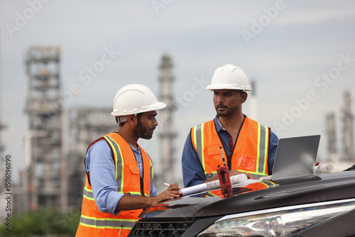 Industrial engineer with orange safety vest and white hardhat work on front hood of car at Refinery and gas petrochemical plant
