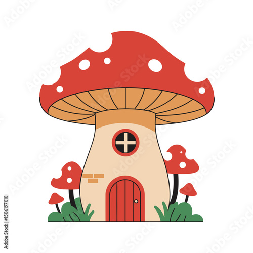 Cartoon mushroom house illustrated in vibrant colors with surroundings concept of fairy tales  