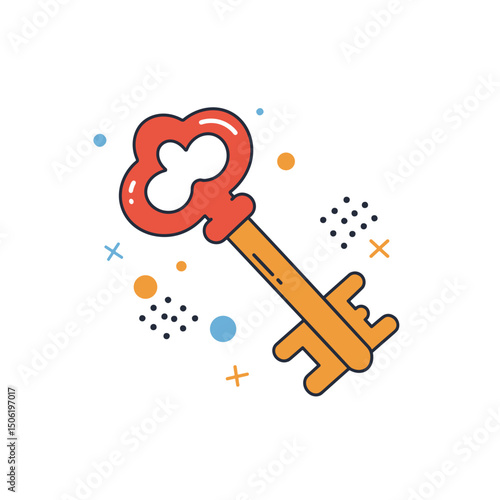 Cartoon mystical key illustration with colorful accents representing fairy tales  