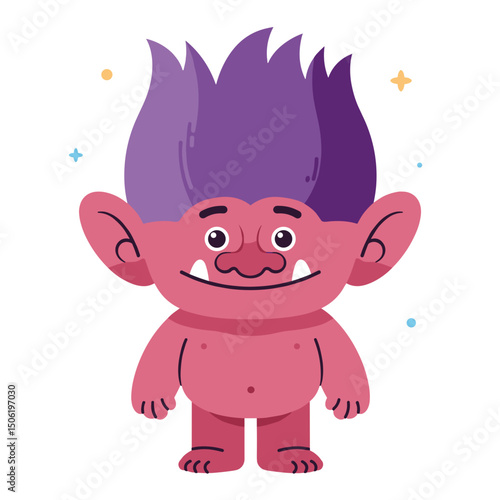 Cute cartoon troll character with purple hair standing and smiling - Concept of fairy tales  