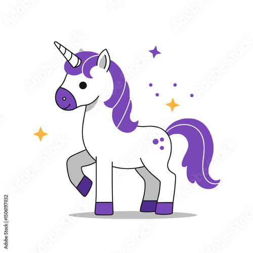 Cartoon unicorn with purple mane standing on white background - Concept of fairy tales  
