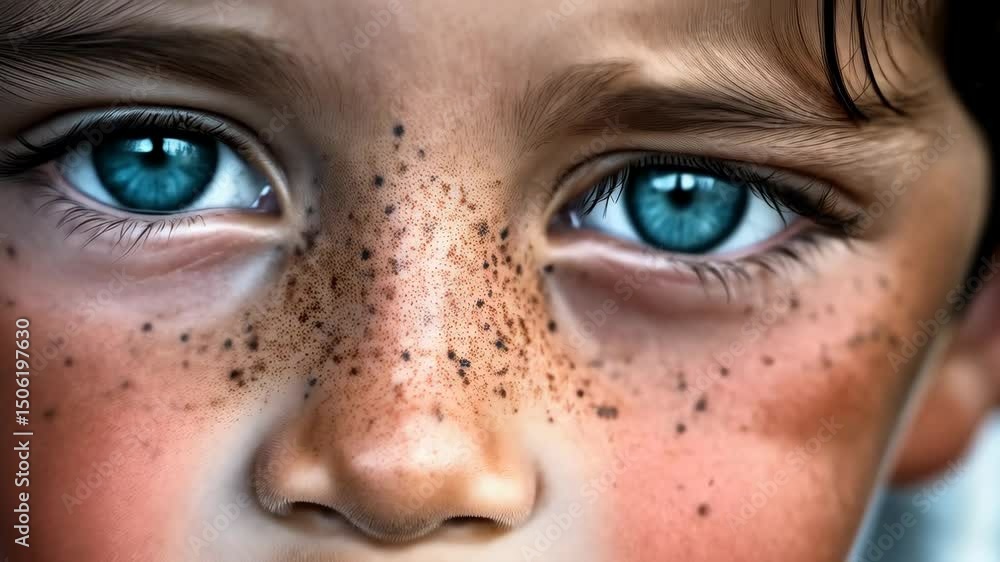 Close-up on a young child's face showcasing bright blue eyes, skin details, and numerous freckles in natural lighting. Close-up on a young child's face showcasing bright blue eyes, skin details, and numerous freckles in natural lighting.