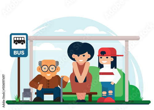 Cheerful multi generational people standing on bus stop and waiting for vehicle to arrive