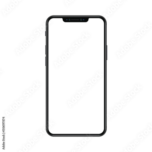 New trendy version of black thin frame notch display smartphone with blank white screen. Realistic phone mockup for any project vector illustration