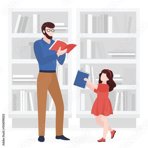 Parent and child spending quality time together reading books in a library setting, promoting education, learning, and family bonding, isolated on white background vector illustration