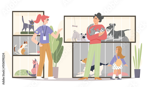 Family adopting cat flat vector illustration. Father, happy girl kid and pet shop worker volunteer cartoon characters. People in animal shelter, parents buying pet for kids vector illustration