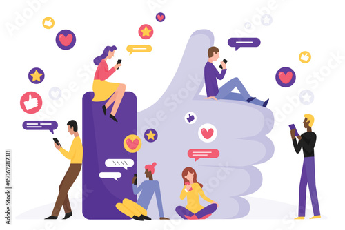 Like in social media character concept flat vector illustration. Man and woman with smartphone near large hand symbol. Modern internet network community background with people, heart, message, star