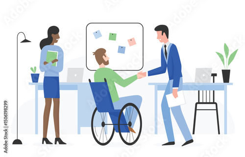 Man with special needs in wheelchair gets job flat character vector illustration. Positive touchable situation with smiling people in company office. Career and employment of disabled person concept