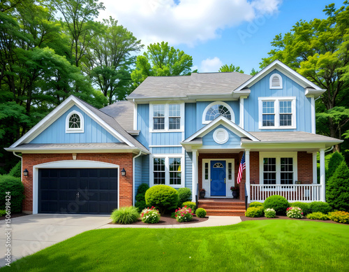 Wallpaper Mural An American suburban blue house with a garage and an American flag hanging. Torontodigital.ca
