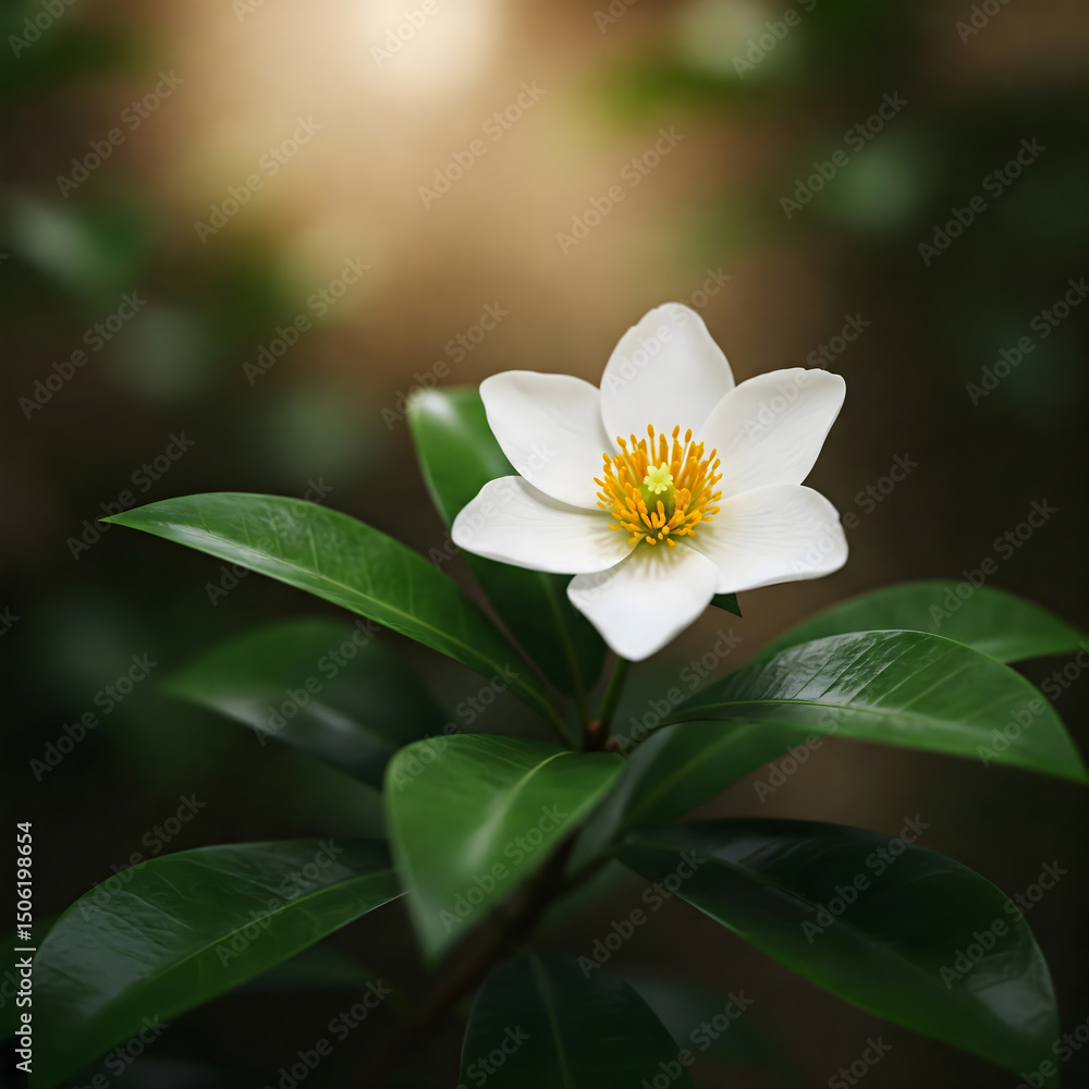 Fototapeta premium A pristine white flower with a bright yellow center blossoms amidst lush green leaves, set against a soft, dark background