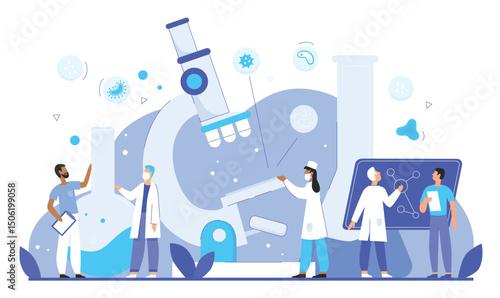 Epidemiologists research pathogens in medicine laboratory flat character vector illustration. Epidemiology concept with scientists, microscope, flasks, microbes, viruses. Science research web template
