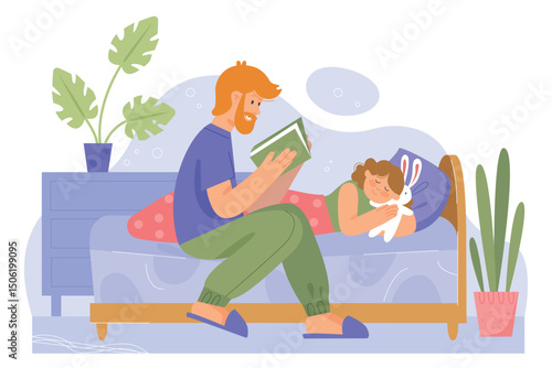 Father with daughter family time vector illustration. Cartoon dad character reading bedtime fairytale story book to little baby girl in bed for good night sleep. Flat happy family fatherhood concept