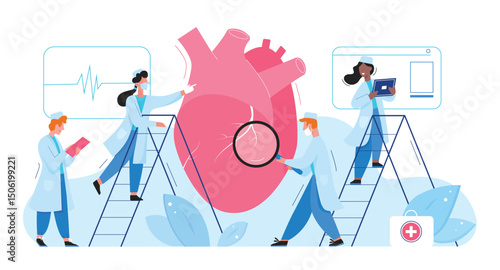 Doctors in laboratory researches heart organ healthcare medical concept flat vector illustration. Cardiologists men women check cardiogram, determine diagnosis disease treatment. Pharmacy research.