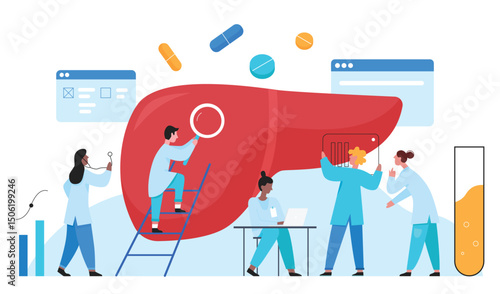 Doctors scientists people in laboratory researches liver organ healthcare medical concept flat vector illustration. Hepatitis, cirrhosis, cancer awareness, determine diagnosis disease treatment.