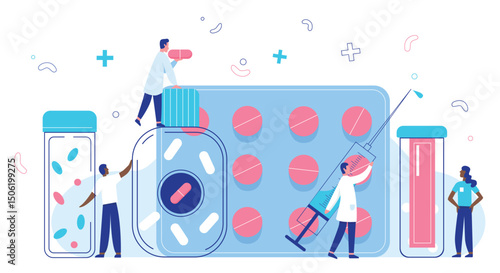 Medicine pharmacy store, healthcare industry concept flat vector illustration. Doctors pharmacists people with medical drugs, vitamin pills capsules. Online pharmacy drugstore, medicine prescription