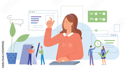 Multitasking, work in a modern office character flat vector illustration, time management abstract concept. Business woman, personal assistant organizes effective activity, strategic planning