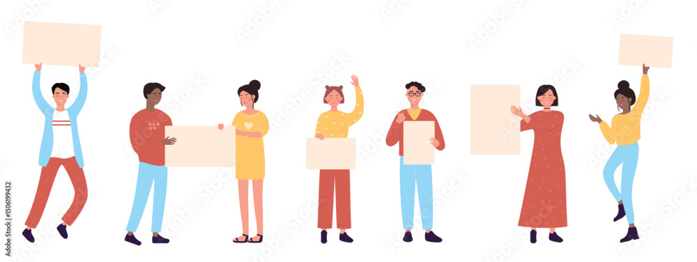 Fototapeta premium Cartoon characters with empty banners set vector illustration. Men and women holding clean placards blank posters banners in hands. People crowd activists demonstration mass protest, revolution