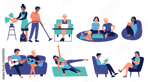 Family and individuals spending time at home doing chores, working, playing, reading, making music, exercising, and relaxing for lifestyle, leisure, and wellness concepts vector illustration