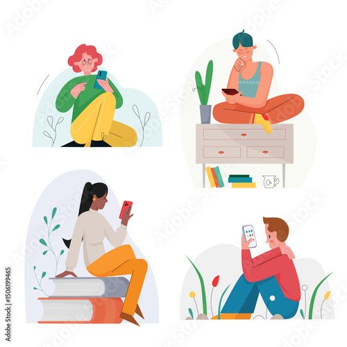 Sitting men and women absorbed by smartphone character flat vector illustration set isolated on white background. People with smart phones indoor and outdoor dont look around social media leisure