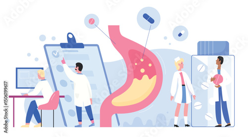 Doctors scientists people in laboratory researches stomach healthcare medical concept flat vector illustration. Disorder, gastric acid, liquid nausea, gastritis, determine diagnosis disease treatment