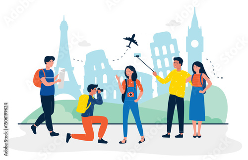 Tourists are at sightseeing flat travel concept vector illustration. People making photo and selfie for memory. Travel agency, leisure industry, airlines, individual and group tours