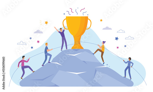 Business people characters climb to top peak award cup poster banner website vector illustration. Leadership and teamwork, Team leader already at top, motivate to success, award trophy, competitive.