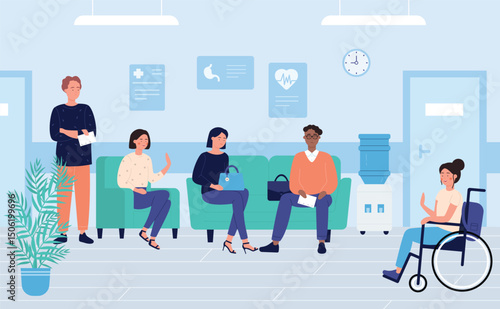 Patients in clinic waiting room character flat vector illustration, medicine and healthcare. Man and woman sit at hall, enabled girl is in wheelchair. Medical service, doctor appointment, sickness
