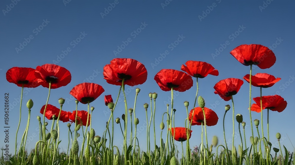 Fototapeta premium Vibrant Red Poppies Field Summer Meadow Landscape