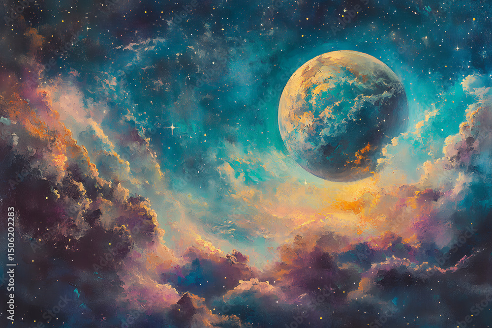 Obraz premium Cosmic Planet in a Nebula's Embrace