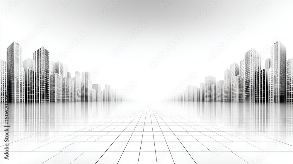 A grayscale cityscape vista, modern skyscrapers, reflected on a gridded pavement A grayscale cityscape vista, modern skyscrapers, reflected on a gridded pavement