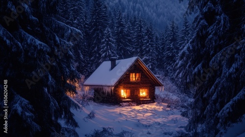 Cozy log cabin illuminated at dusk in a snowy forest landscape surrounded by towering pine trees