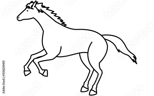 走る馬のシンプルな線画、白黒のベクターイラスト