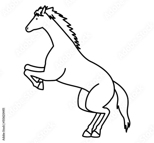 跳ぼうと立ち上がる馬のシンプルな線画、白黒のベクターイラスト