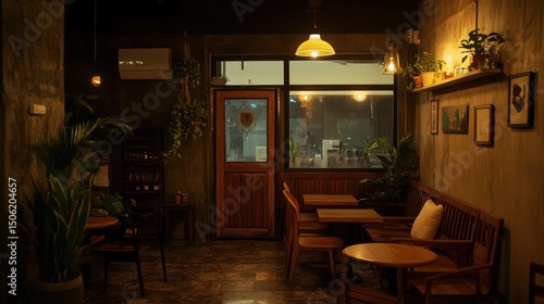 Cozy interior of a quaint cafe featuring wooden tables surrounded by plants during a rainy afternoon