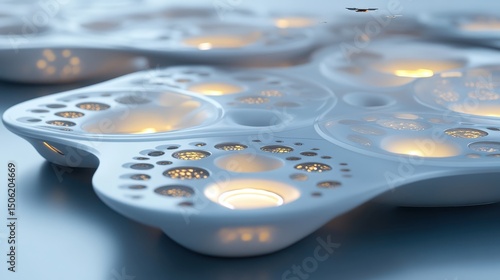 Innovative white table lamp design featuring organic shapes with warm glowing elements at an exhibition event in a modern space