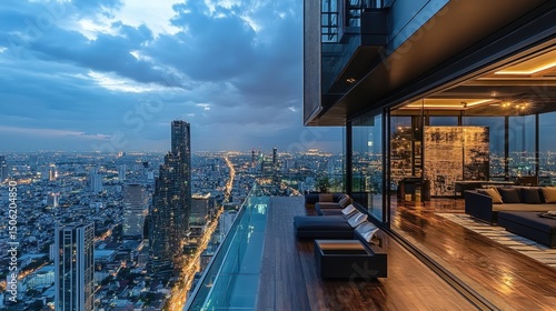 City skyline view from a modern balcony during twilight showcases urban life and architecture