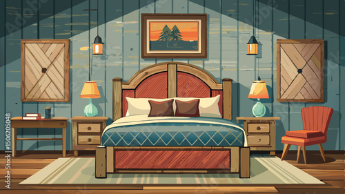 A cozy bed with a barn wood headboard and rustic bedside cabinet brings warm charm to this farmhouse interior design. The modern bedroom blends vintage textures with contemporary comfort.