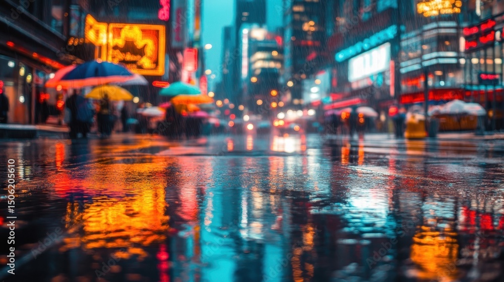 Colorful umbrellas brighten a rainy night in a bustling city full of neon lights and reflections Colorful umbrellas brighten a rainy night in a bustling city full of neon lights and reflections