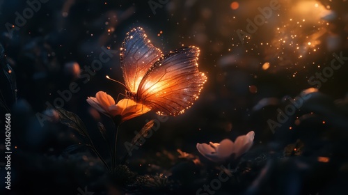 Golden butterfly perched on a flower surrounded by glowing particles at dusk in a serene garden